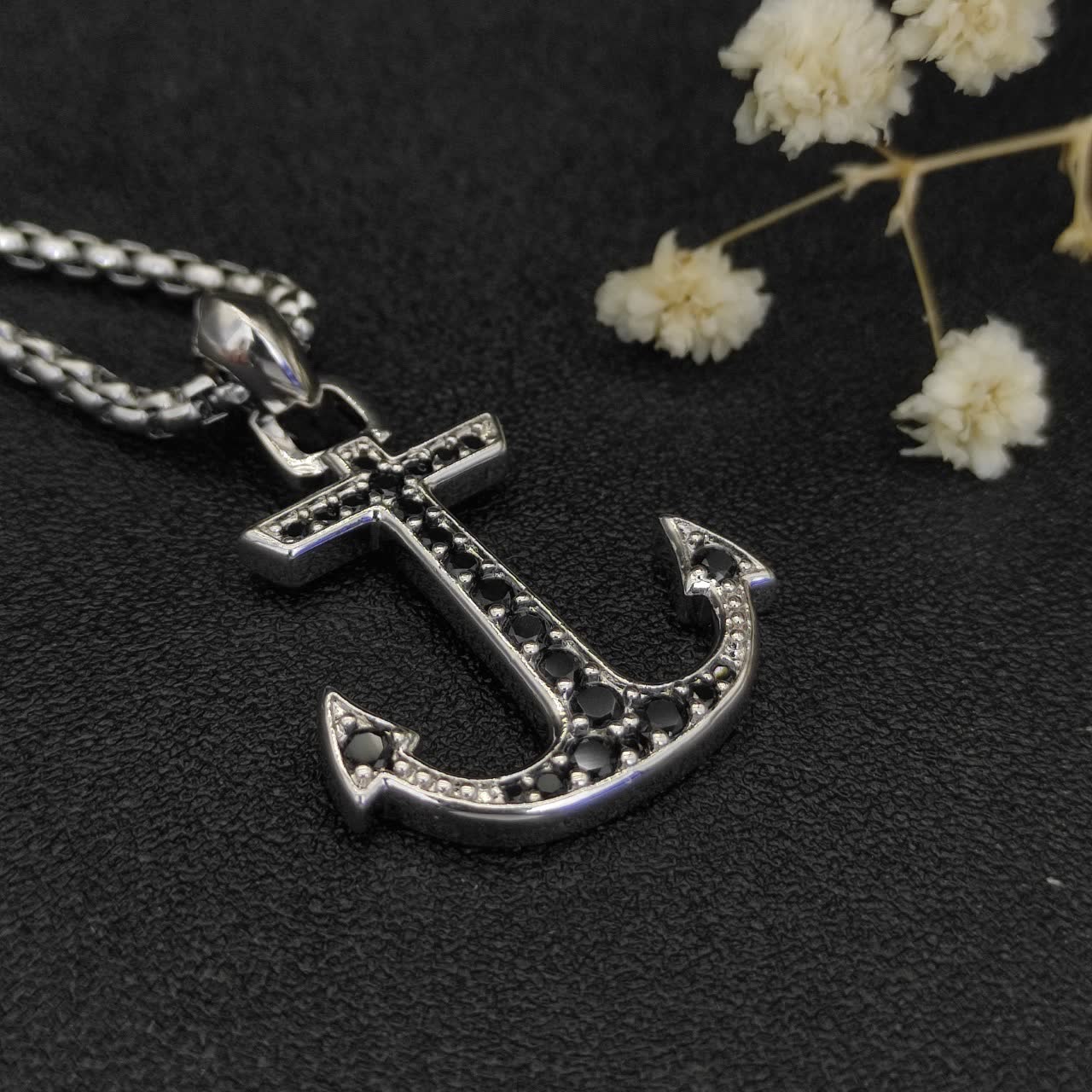David Yurman Silver Anchor Pendant Necklace with Black Stones